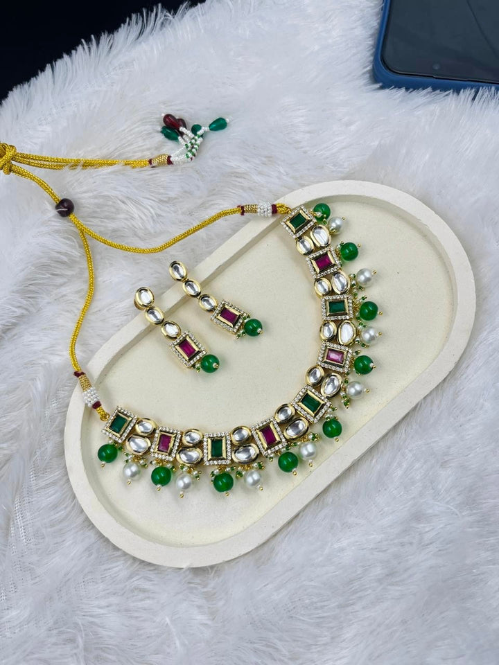 Multicoloured Kundan Short Necklace Set | Festive & Wedding Jewelry